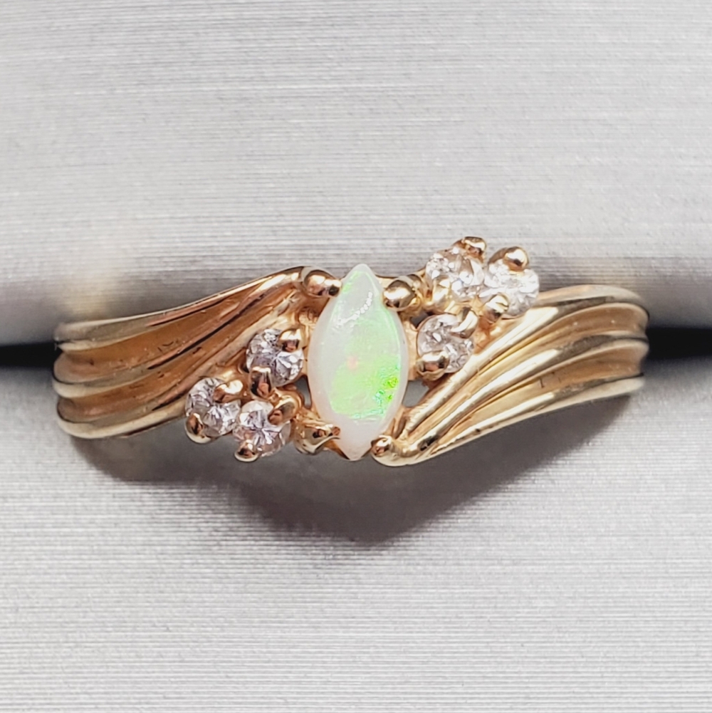 10k Solid Yellow Gold Natural Marquise Opal & Round Diamond Ring